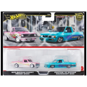 Hot Wheels Premium duo pack -Datsun Sunny Truck (B120)pink-1993 Custom Nissan Hardbody(d1) turquoise